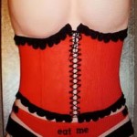Tight-red-corset-black-mesh-naked-Jane-torso-Bosom-cake